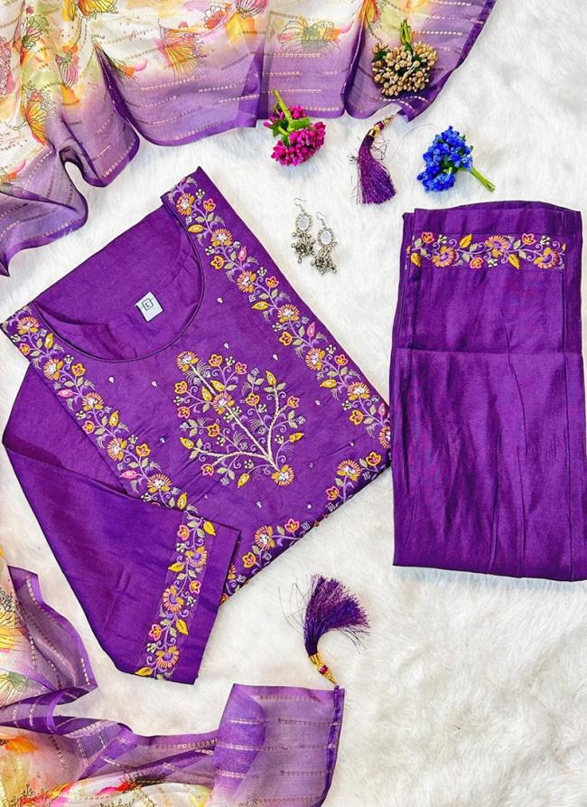 Pure Muslin Purple Festival Wear Hand Work Readymade 3 Pcs Kurti 